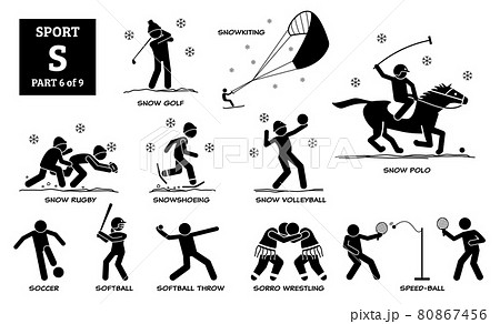 Sport games alphabet S vector icons pictogram. Snow golf, snowkiting, snow rugby, snowshoeing, snow volleyball, snow polo, soccer, softball, softball throw, sorro wrestling, and speed-ball. Sport games alphabet S vector icons pictogram. Snow golf, snowkiting, snow rugby, snowshoeing, snow volleyball, snow polo, soccer, softball, softball throw, sorro wrestling, and speed-ball. 80867456