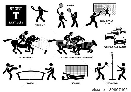 Sport games alphabet T vector icons pictogram. Tennikoit, tennis, tennis polo, toccer, tent pegging, toros coleados, touring car racing, teqball, torball, and tetherball. 80867465