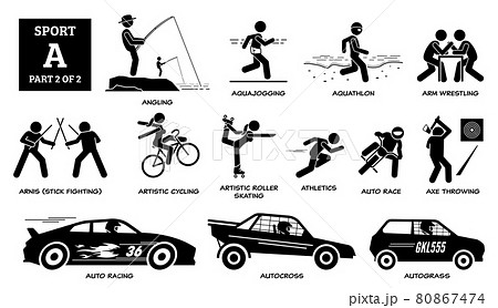 Sport games alphabet A vector icons pictogram. Angling, aquajogging, aquathlon, arm wrestling, arnis, artistic cycling, roller skating, auto race, axe throwing, auto racing, autocross, and autograss. Sport games alphabet A vector icons pictogram. Angling, aquajogging, aquathlon, arm wrestling, arnis, artistic cycling, roller skating, auto race, axe throwing, auto racing, autocross, and autograss. 80867474