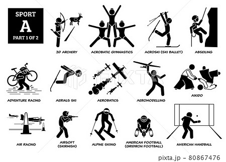 Sport games alphabet A vector icons pictogram. 3D archery, acrobatic gymnastics, acroski, abseiling, adventure racing, aerials ski, aikido, airsoft, alpine skiing, American Football, and Handball. 80867476