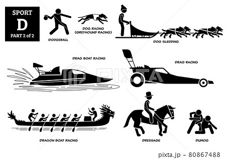 Sport games alphabet D vector icons pictogram. Dodgeball, dog racing greyhound, sledding, drag boat racing, drag car racing, dragon boat, equestrian dressage horse, and dumog. Sport games alphabet D vector icons pictogram. Dodgeball, dog racing greyhound, sledding, drag boat racing, drag car racing, dragon boat, equestrian dressage horse, and dumog. 80867488