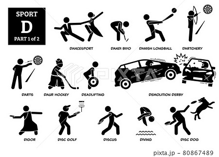 Sport games alphabet D vector icons pictogram. Dancesport, dandi biyo, danish longball, dartchery, darts, daur hockey, deadlifting, demolition derby, digor, disc golf, discus, diving, and disc dog. 80867489