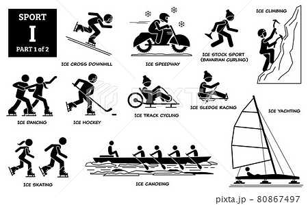 Sport games alphabet I vector icons pictogram. Ice cross downhill, speedway, stock sport, Bavarian curling, climbing, dancing, ice hockey, track cycling, sledge racing, skating, canoeing, and yachting 80867497