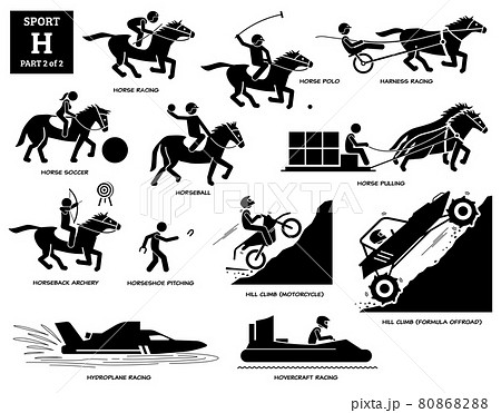 Sport games alphabet H vector icons pictogram. Horse racing, polo, soccer, harness racing, horseball, horseback archery, pitching, hill climb motorcycle, formula offroad, hydroplane, and hovercraft. 80868288