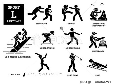Sport games alphabet L vector icons pictogram. Lelo burti, lethwei, letterboxing, geocaching, log rolling, logrollling, longboarding, longue paume, lumberjack, long jump, long drive, and luge. 80868294
