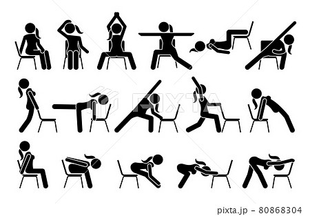 Chair yoga exercises stick figure pictogram icons. Vector illustrations of chair yoga postures, poses, and workout for beginners. Chair yoga exercises stick figure pictogram icons. Vector illustrations of chair yoga postures, poses, and workout for beginners. 80868304