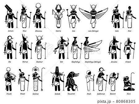 Ancient Egyptian God, Goddess, and deities in stick figure icons. Vector illustration set of popular Egypt deities Amon, Osiris, Isis, Horus, Anubis, Seth, Sobek, Taweret, Ptah, Sekhmet and Bastet. 80868305