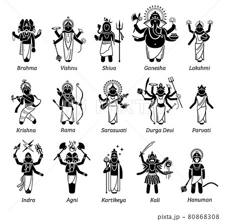 Hindu Gods, Goddess, and deities in stick figure icons. Vector illustrations of popular Hindu deities Brahma, Vishnu, Shiva, Genesha, Lakshmi, Krishna, Rama, Saraswati, Durga Devi, Kali, and Hanuman. 80868308