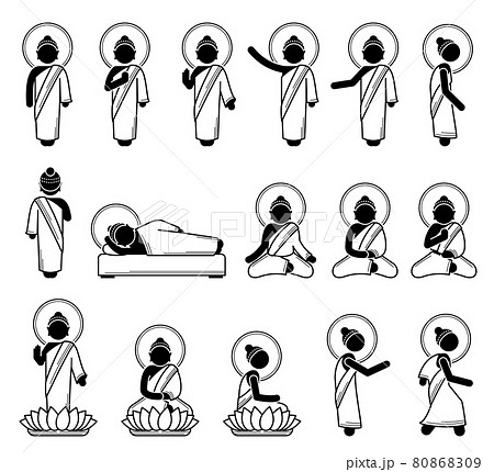 Gautama Buddha God monk poses postures in stick figure icons. Vector illustrations of Gautama Buddha standing, sitting, and laying down. Gautama Buddha God monk poses postures in stick figure icons. Vector illustrations of Gautama Buddha standing, sitting, and laying down. 80868309
