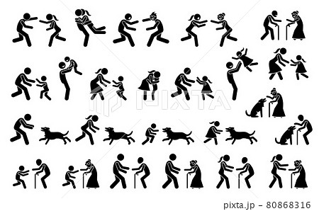People running toward each other to hug after missing for a long time. Vector illustrations depict boyfriend, girlfriend, father, mother, child, grandfather, grandmother, friends, and dog meeting. 80868316