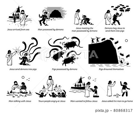 Exorcism of the Gerasene demoniac by Jesus Christ in bible story new testament. Vector illustrations artworks of miracle of the Gadarene swine and the exorcism of Legion. 80868317
