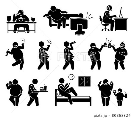 Fat man leading an unhealthy lifestyle. Vector illustrations of obese man overeating, sedentary lifestyle, inactive, drinking alcohol beer, smoking cigarette, eating unhealthy food, and sleeping late. 80868324