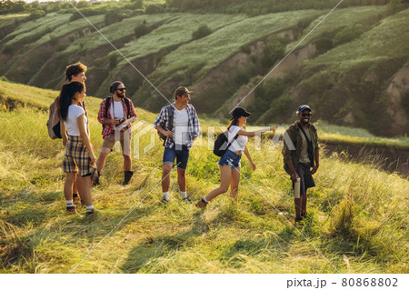 Group of friends, young men and women walking, strolling together during picnic in summer forest, meadow. Lifestyle, friendship, 80868802