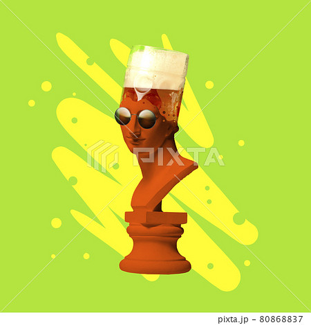Contemporary art collage with bust of antic statue headed of beer glass with lager cold foamy beer. Concept of festival, national traditions, taste, drinks and holidays, octoberfest 80868837