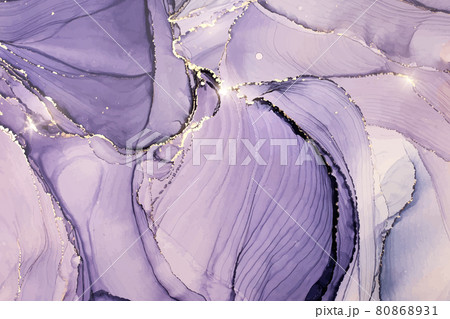 Abstract luxury lavender liquid watercolor background with golden stains. Pastel violet marble alcohol ink drawing effect. Vector illustration design template for wedding invitation 80868931