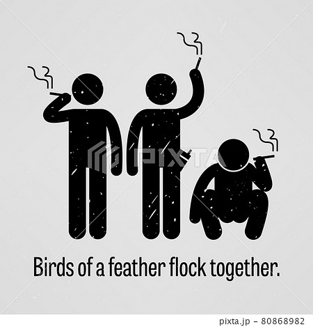Birds of a Feather Flock Together. A motivational and inspirational poster representing the proverb sayings, Birds of a Feather Flock Together with simple human pictogram. 80868982