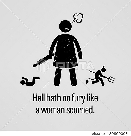 Hell Hath No Fury Like a Woman Scorned. A motivational and inspirational poster representing the proverb sayings, Hell Hath No Fury Like a Woman Scorned with simple human pictogram. 80869003