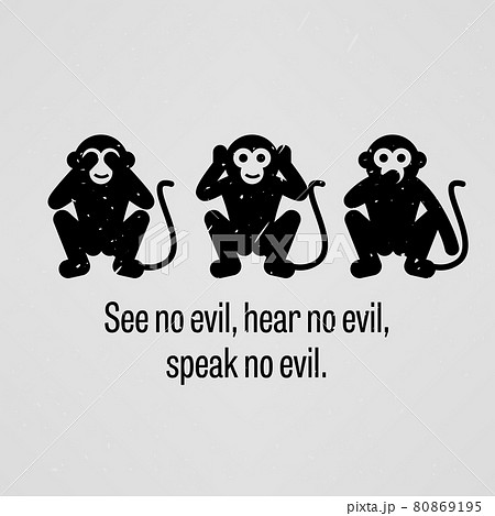 See no Evil, Hear no Evil, Speak no Evil. A motivational and inspirational poster representing the proverb sayings, 12345 with simple human pictogram. 80869195