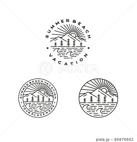 Mountain, Sea, Waves, pine tree and Sun for Hipster Adventure Travel logo design set 80870602
