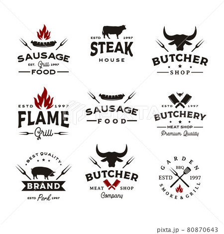 Retro Vintage bbq Barbeque barbecue grill vector logo design pack 80870643