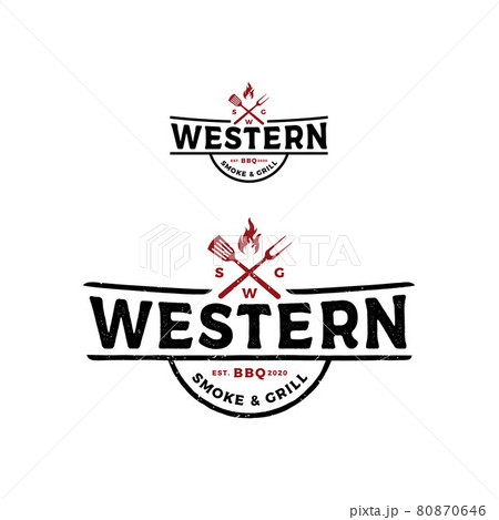 Vintage Grill Barbeque barbecue bbq with crossed fork and fire flame Label Stamp Logo design vector Vintage Grill Barbeque barbecue bbq with crossed fork and fire flame Label Stamp Logo design vector 80870646