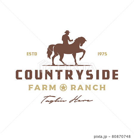 Vintage Retro Cowboy Riding Horse Silhouette logo design illustration Vintage Retro Cowboy Riding Horse Silhouette logo design illustration 80870748