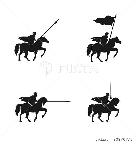 Horseback Knight Silhouette logo, Horse Warrior Paladin Medieval logo design illustration set 80870776