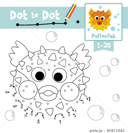 Dot to dot educational game and Coloring book Pufferfish animal cartoon character vector illustration 80871682