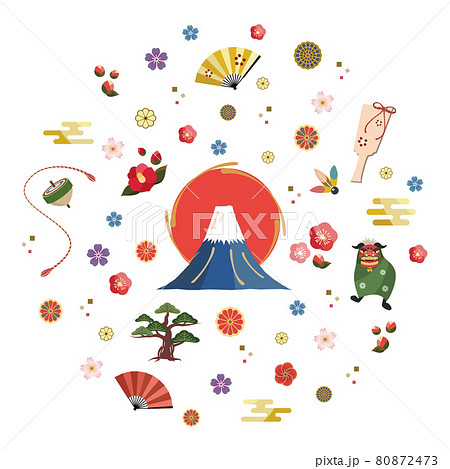 富士山と和風のモチーフセットのイラスト素材