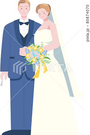 ウェディングドレスとタキシード姿で結婚する笑顔のカップル 80874070