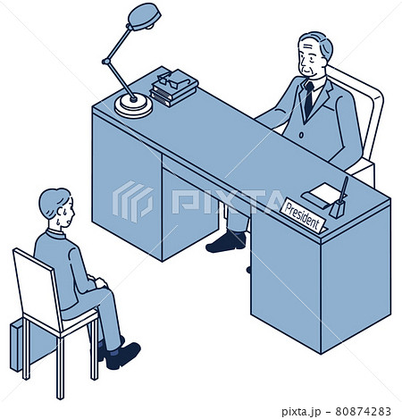 面接で緊張する就活中の男子学生と面接官役の社長のアイソメのイラスト素材