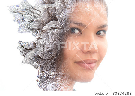Paintography. A portrait of a woman combined with a painting against a white background Paintography. A portrait of a woman combined with a painting against a white background 80874288