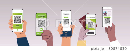 hands holding smartphones with digital vaccinate certificates and global immunity passports 80874830