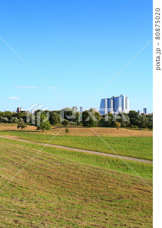 名古屋市、庄内川河川敷から見た名古屋駅前超高層ビル群の風景 名古屋市、庄内川河川敷から見た名古屋駅前超高層ビル群の風景 80875020