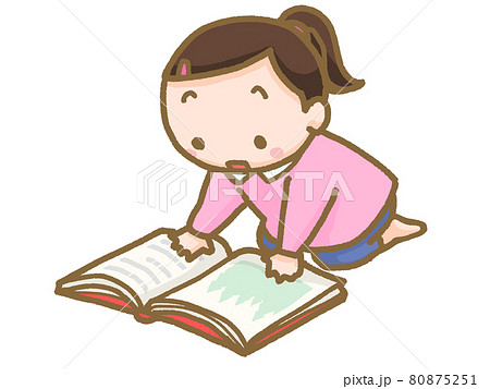 床に本を広げて読んでいる女の子のイラスト素材