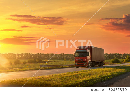 Scenic front view big long heavy semi-treailer truck with sea shipping container driving highway dramatic warm morning evening sunrise sun sky sunset. Cargo transport industry background concept 80875350