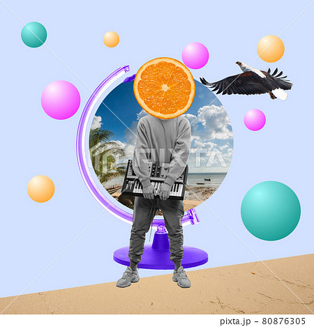 Art collage with man headed of slice of orange on abstract color summer background. Copyspace to text. Modern design. Art pop collage Art collage with man headed of slice of orange on abstract color summer background. Copyspace to text. Modern design. Art pop collage 80876305