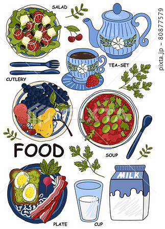 Colored Doodle Food Set, salad, tea set, cutlery, soup, plate, cup. Drawings for poster card or background 80877579
