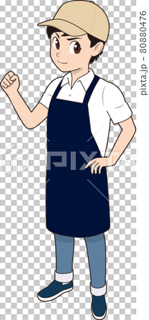 ガッツポーズする男性カフェ店員 80880476