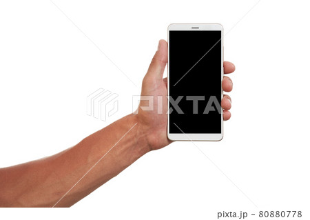 Hand holds the white screen, the mobile phone is isolated on a white background with the clipping path. Hand holds the white screen, the mobile phone is isolated on a white background with the clipping path. 80880778
