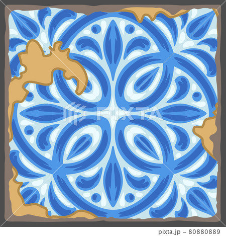 Portuguese azulejo vintage ceramic tile pattern. Old grunge background with chipped enamel tile. Italian pottery or spanish majolica. 80880889
