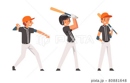 Boy as Baseball Player on Sport Field Playing Bat-and-ball Game Vector Set 80881648