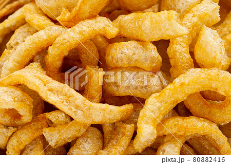 Fried crispy pork rinds. Close up 80882416
