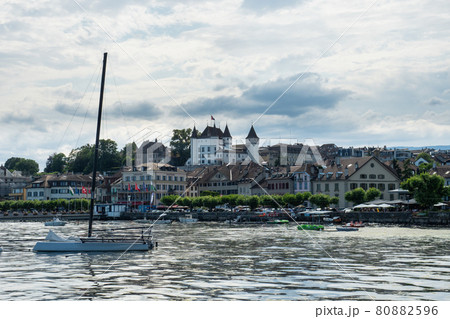Nyon, Switzerland - July 10th 2021: View of the waterfront of the city at Lac Leman 80882596