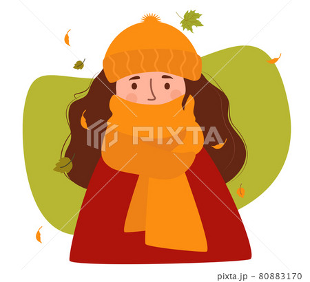 Portrait of a frozen autumn girl. A woman, in a hat and wrapped up to her nose in a warm scarf on a background with autumn leaves. Vector illustration. Character in flat style for autumn design 80883170