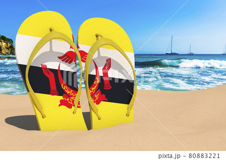 Flip flops with Bruneian flag on the beach. Brunei resorts, vacation, tours, travel packages concept. 3D rendering Flip flops with Bruneian flag on the beach. Brunei resorts, vacation, tours, travel packages concept. 3D rendering 80883221