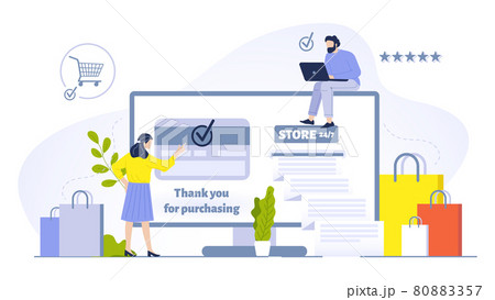 People buying online concept illustration. Woman doing purchases using computer and having credit card verification 80883357