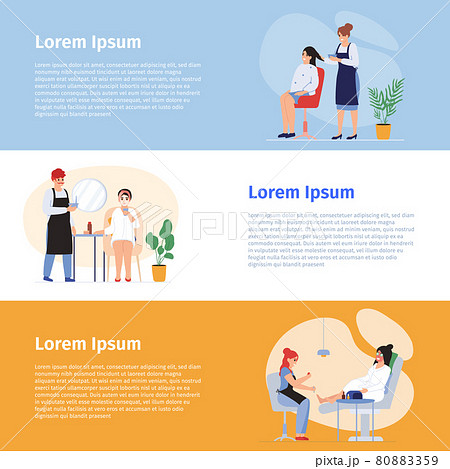 Hairdressers spa vector flat banner. Stylist making hairstyle in beauty salon. Cosmetology, haircutting and pedicure Hairdressers spa vector flat banner. Stylist making hairstyle in beauty salon. Cosmetology, haircutting and pedicure 80883359