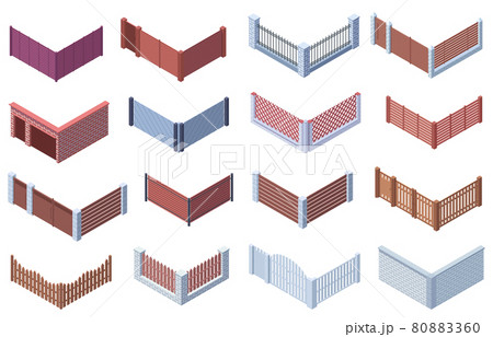Isometric garden or suburban house 3d gate fences. Wooden, metal trellises, stone gate fences vector illustration set. Courtyard fencing Isometric garden or suburban house 3d gate fences. Wooden, metal trellises, stone gate fences vector illustration set. Courtyard fencing 80883360