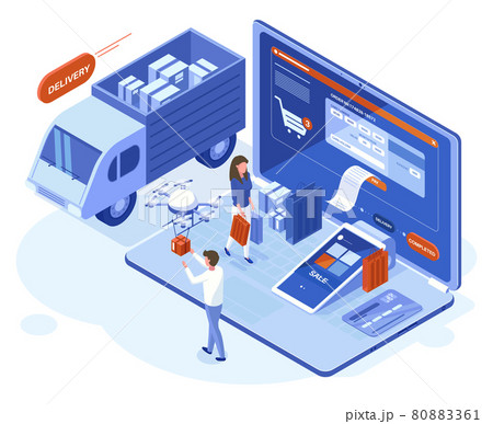 Isometric 3d online shopping, payments and delivery concept. People make purchases use laptop online apps vector illustration. Online store shopping and delivery Isometric 3d online shopping, payments and delivery concept. People make purchases use laptop online apps vector illustration. Online store shopping and delivery 80883361